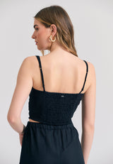 Linen blend plain cropped top - Black