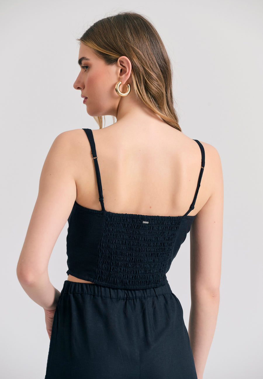 Linen blend plain cropped top - Black