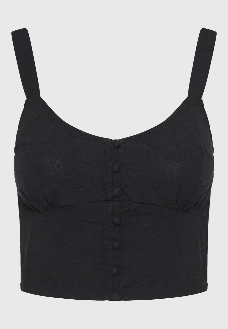 Linen blend plain cropped top - Black