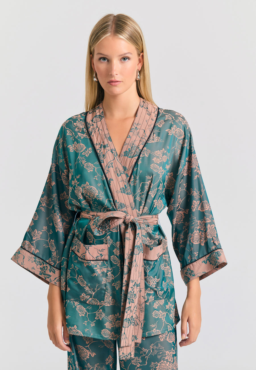 Kimono scurt, lejer, pentru femei, cu imprimeu integral - Albastru fumuriu