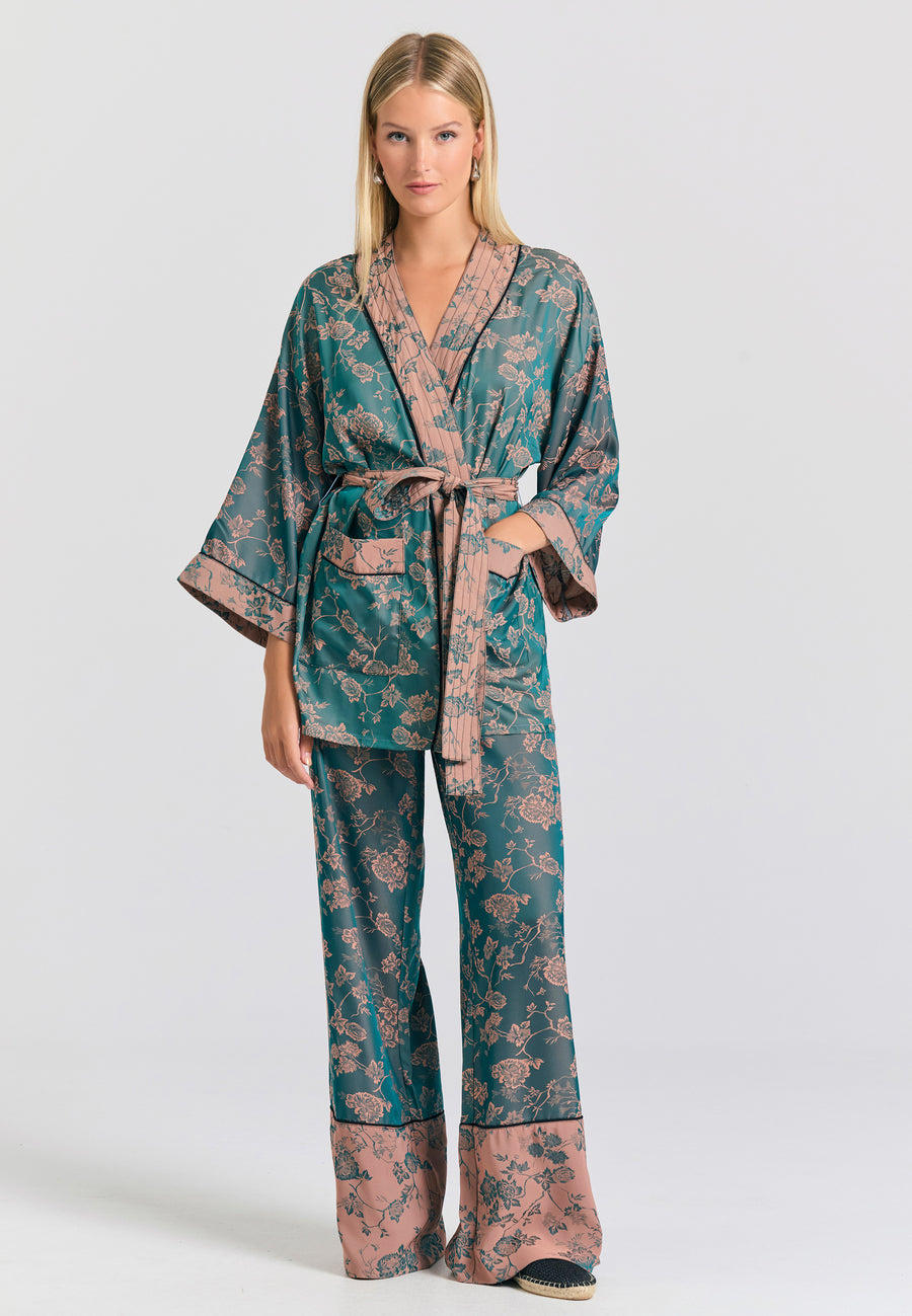 Kimono scurt, lejer, pentru femei, cu imprimeu integral - Albastru fumuriu