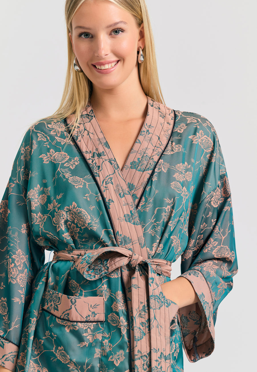 Kimono scurt, lejer, pentru femei, cu imprimeu integral - Albastru fumuriu