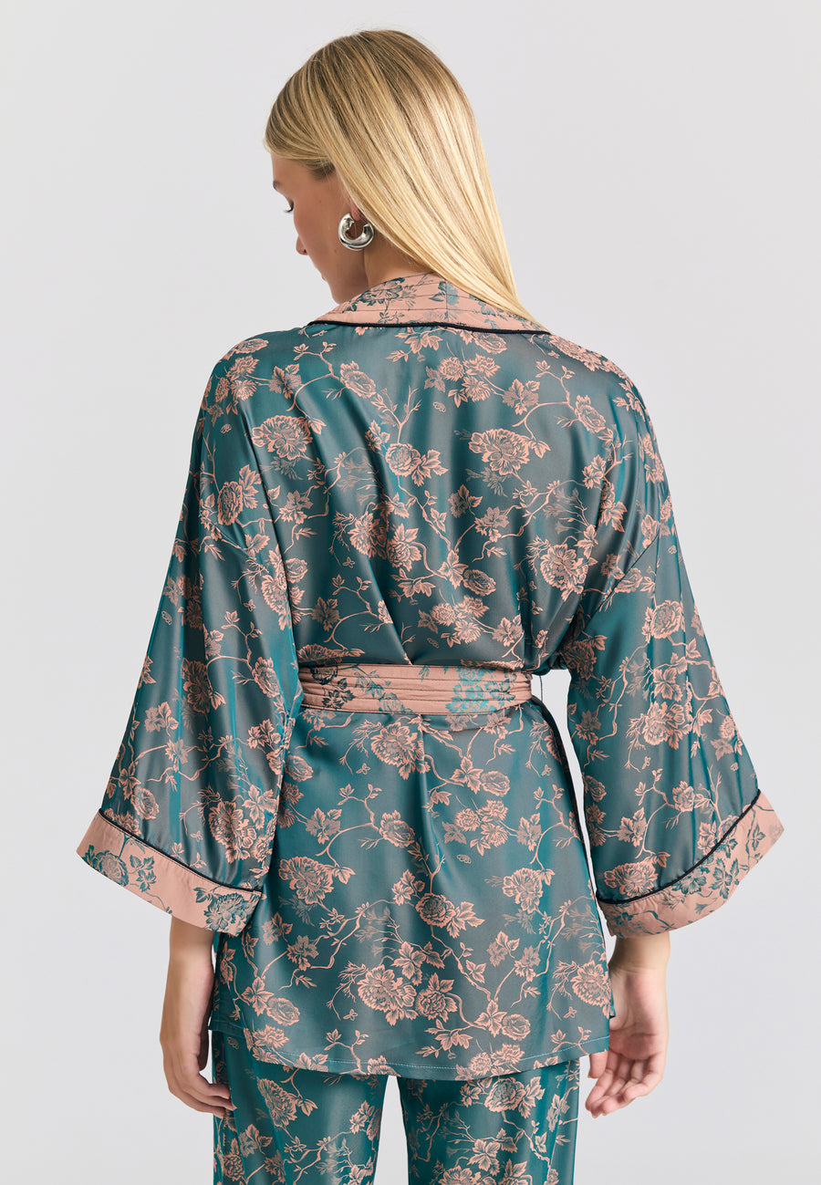 Kimono scurt, lejer, pentru femei, cu imprimeu integral - Albastru fumuriu