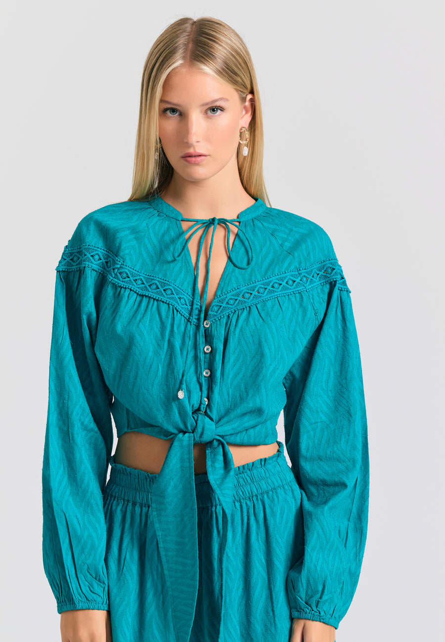 Cămașă lejeră pentru femei, în țesătură jacquard - Peacock