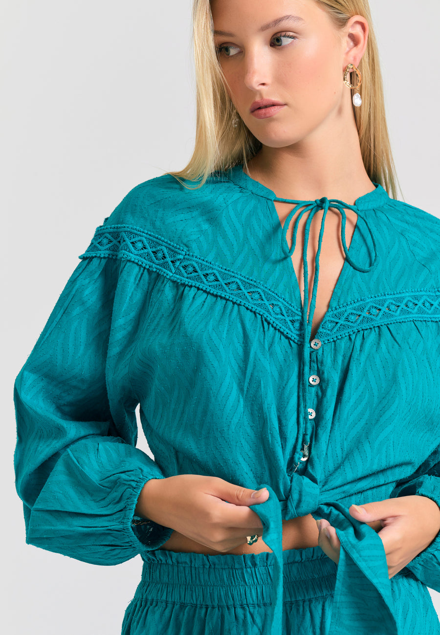 Cămașă lejeră pentru femei, în țesătură jacquard - Peacock