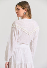 Cămașă lejeră pentru femei, din țesătură jacquard - Albă