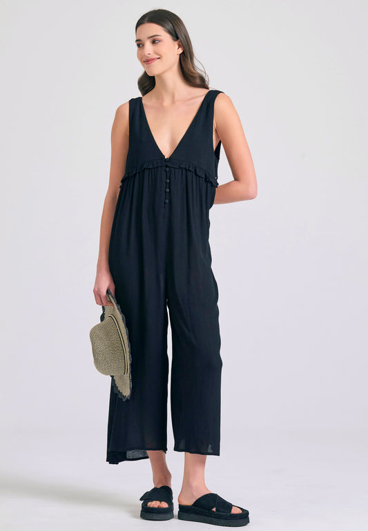 Artificial silk jumpsuit with ruffles - Black
