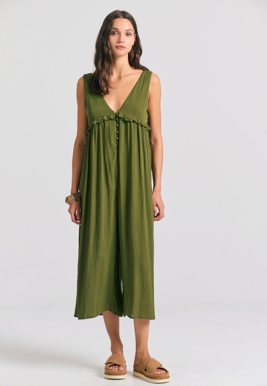Artificial silk jumpsuit with ruffles - Hunter green