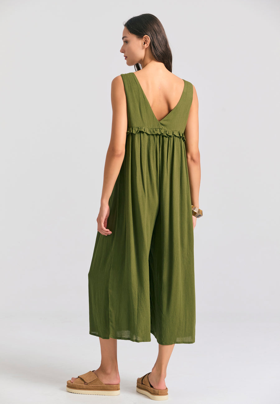 Artificial silk jumpsuit with ruffles - Hunter green