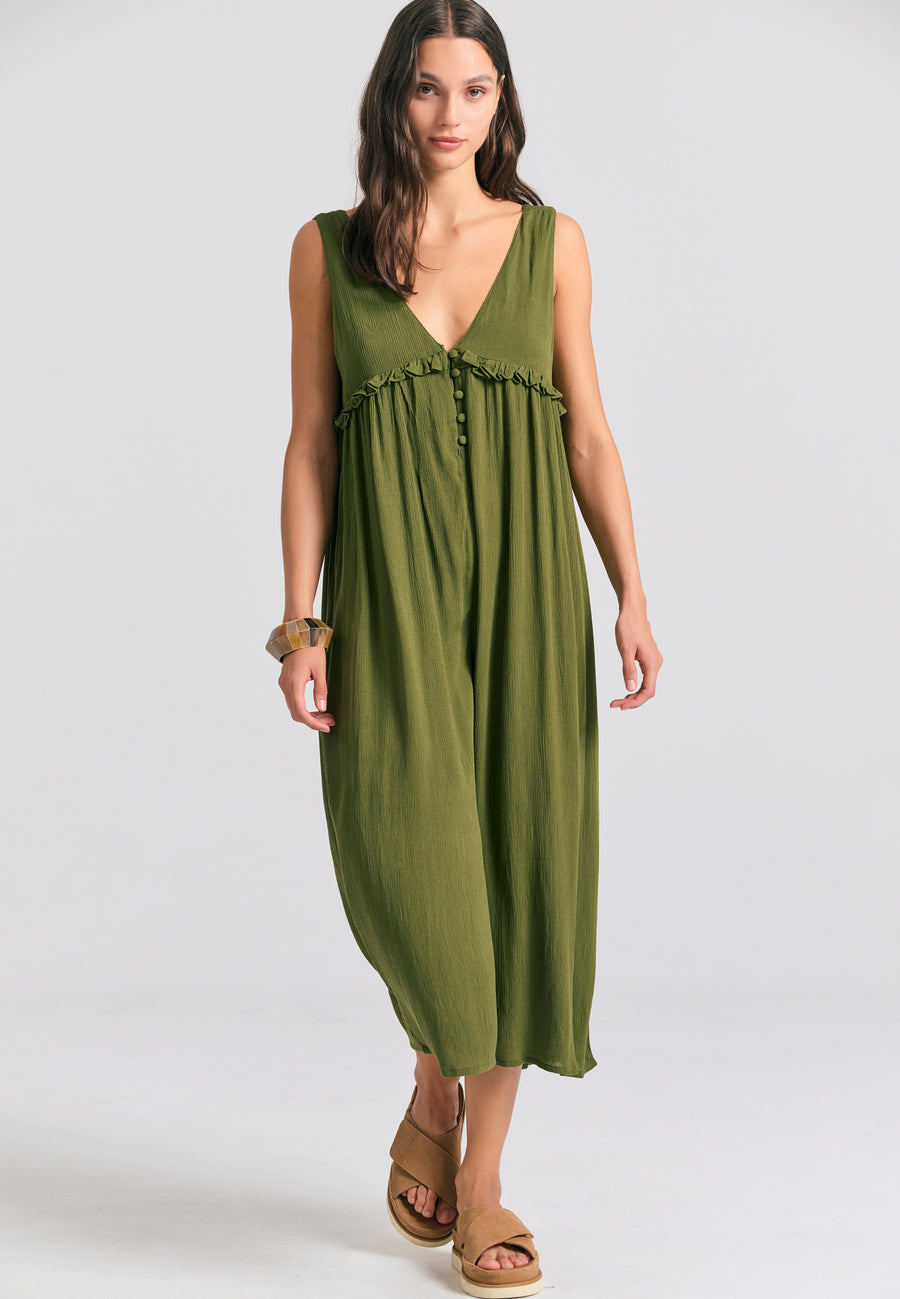Artificial silk jumpsuit with ruffles - Hunter green