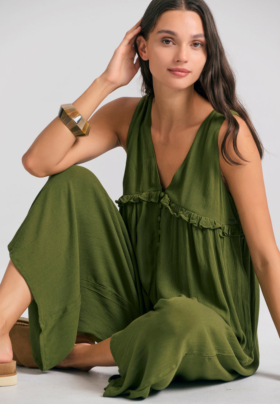 Artificial silk jumpsuit with ruffles - Hunter green