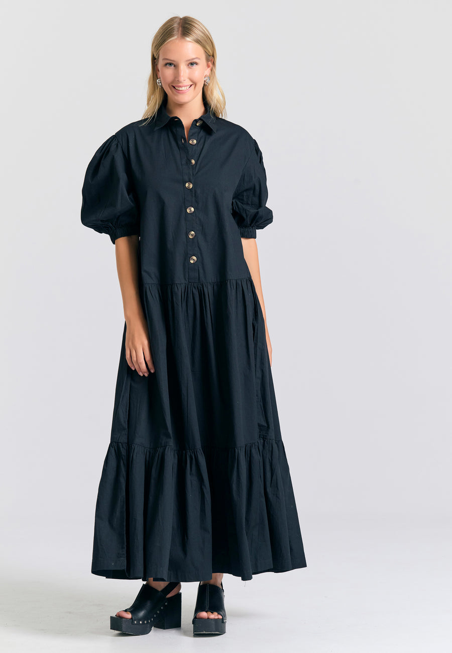 Maxi semi-shirt dress with ruffles - Black
