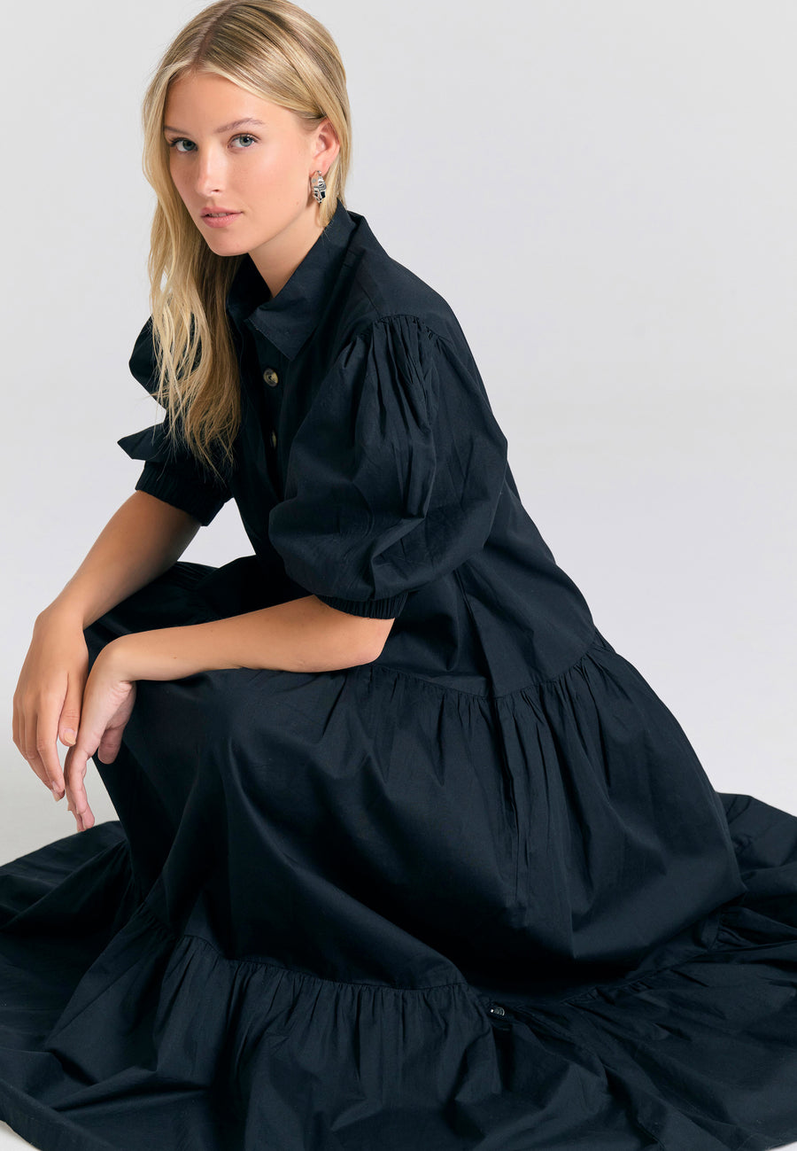 Maxi semi-shirt dress with ruffles - Black