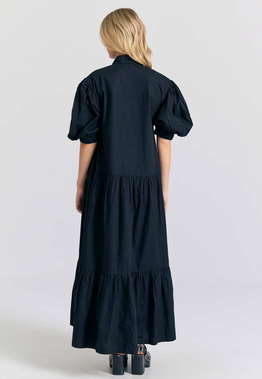Maxi semi-shirt dress with ruffles - Black