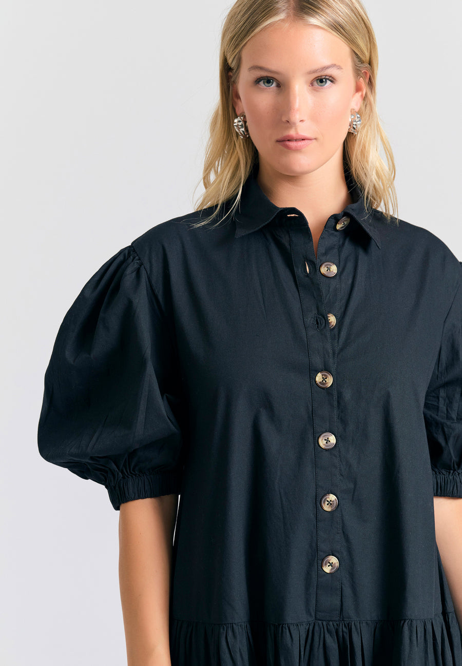 Maxi semi-shirt dress with ruffles - Black