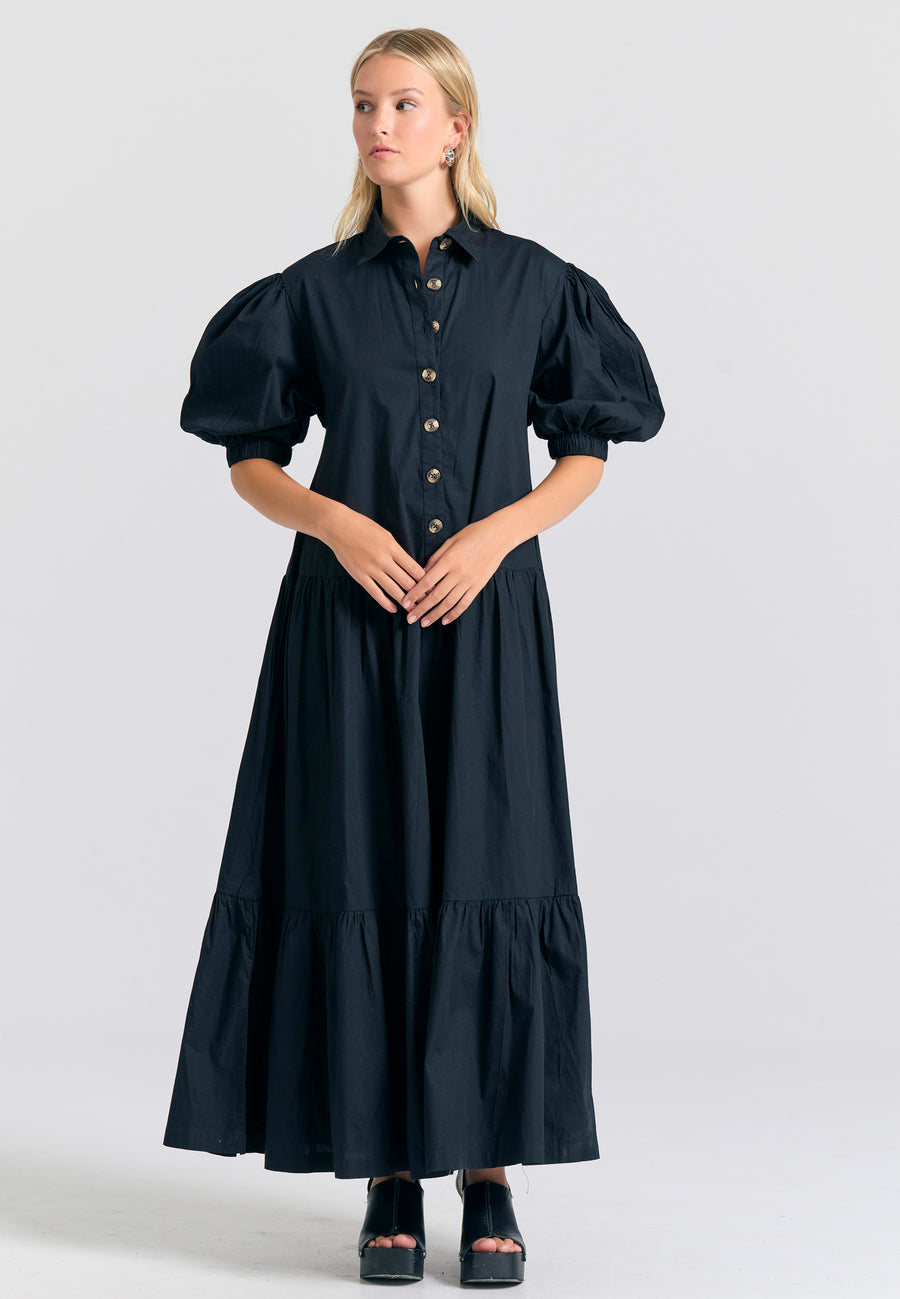 Maxi semi-shirt dress with ruffles - Black