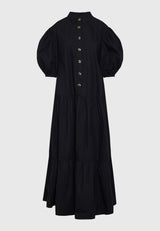 Maxi semi-shirt dress with ruffles - Black