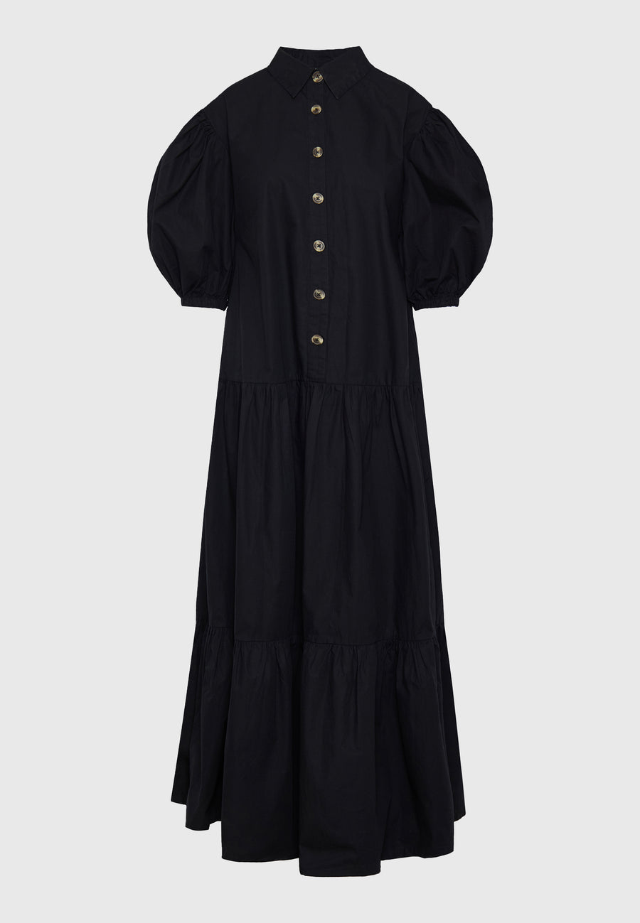 Maxi semi-shirt dress with ruffles - Black