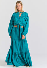 Relaxed fit skirt with ruffles in jacquard fabric - Peacock