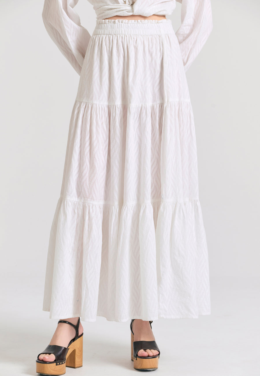 Fustă lejeră cu volane din material jacquard - Alb