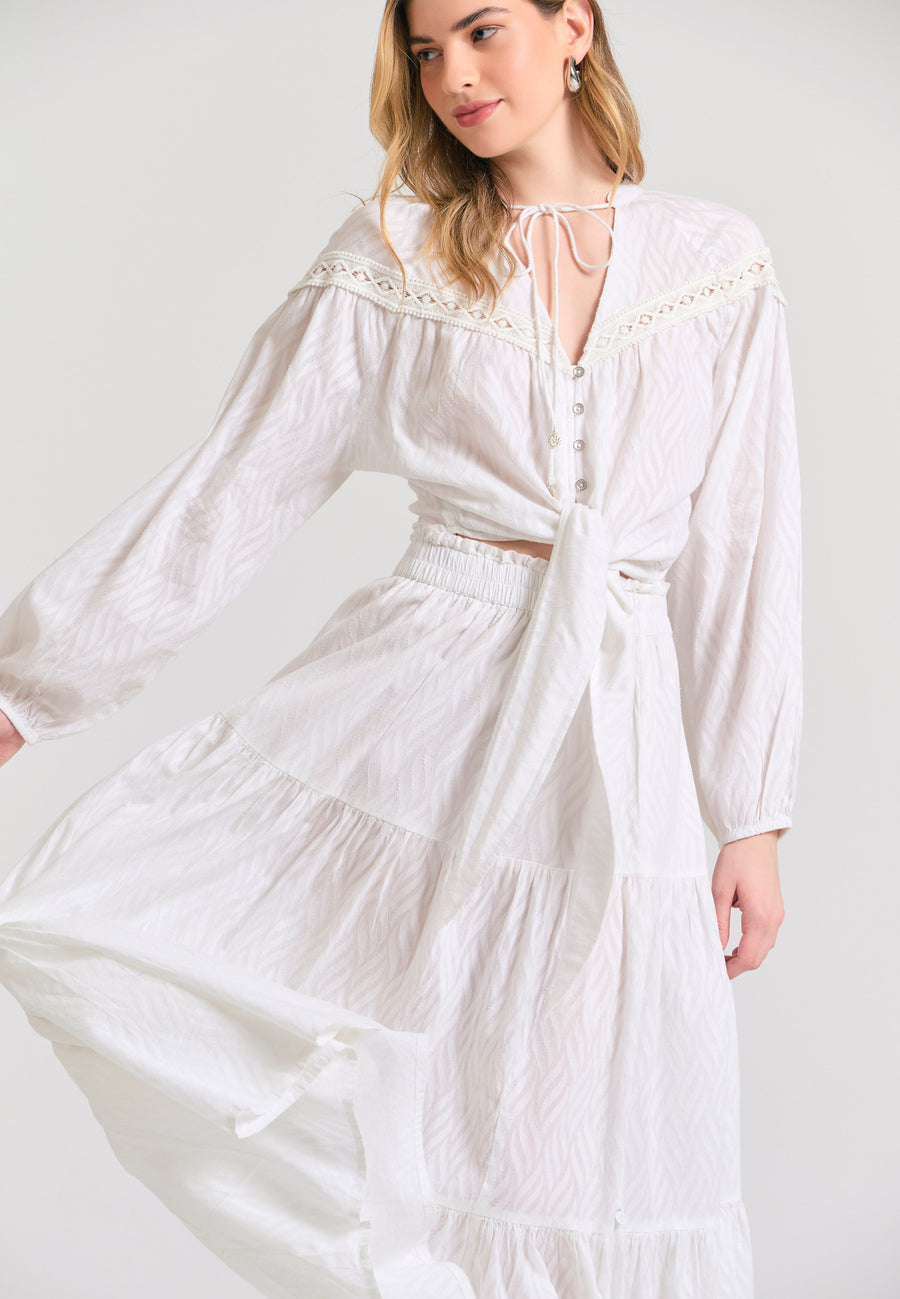 Fustă lejeră cu volane din material jacquard - Alb