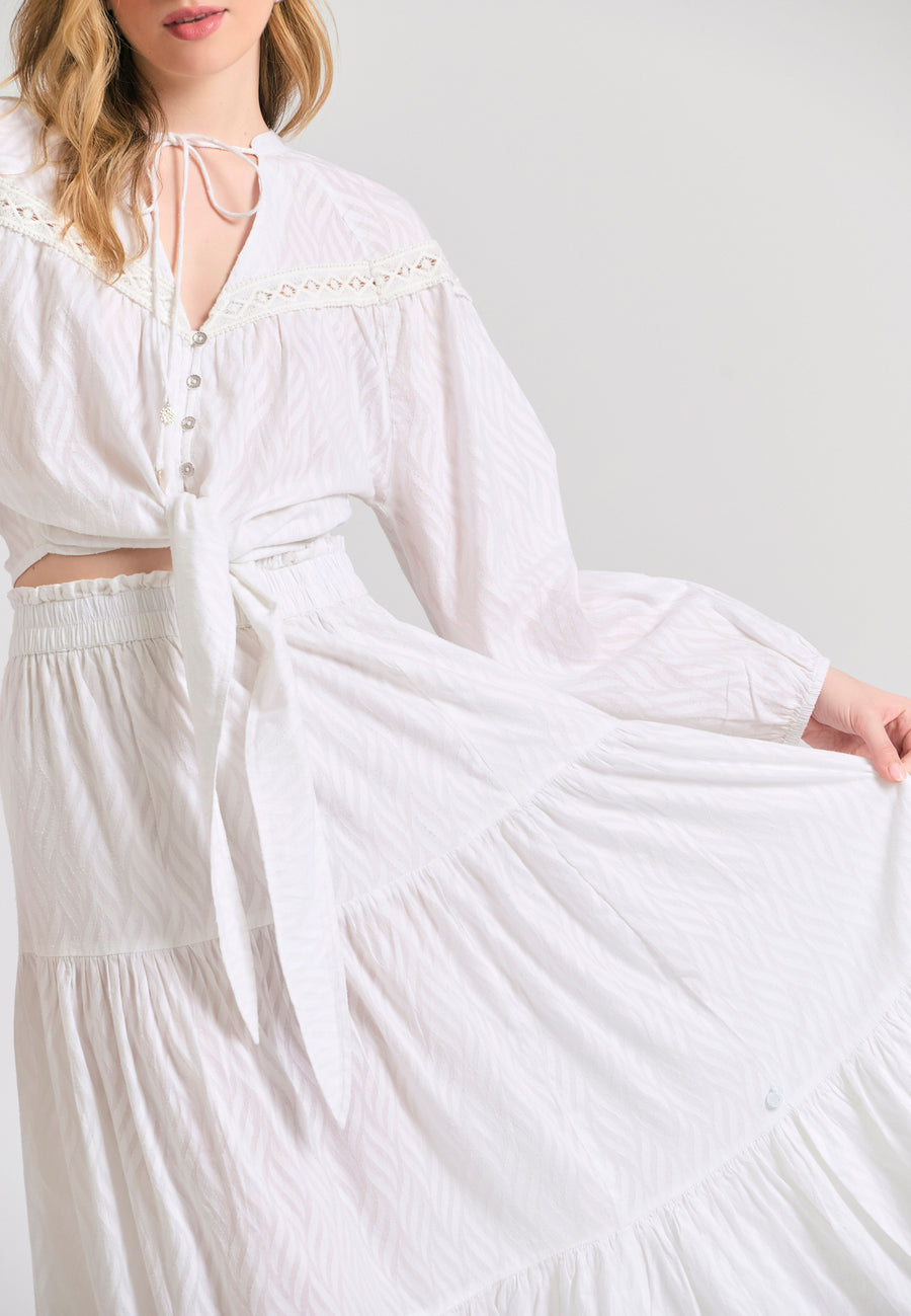 Fustă lejeră cu volane din material jacquard - Alb