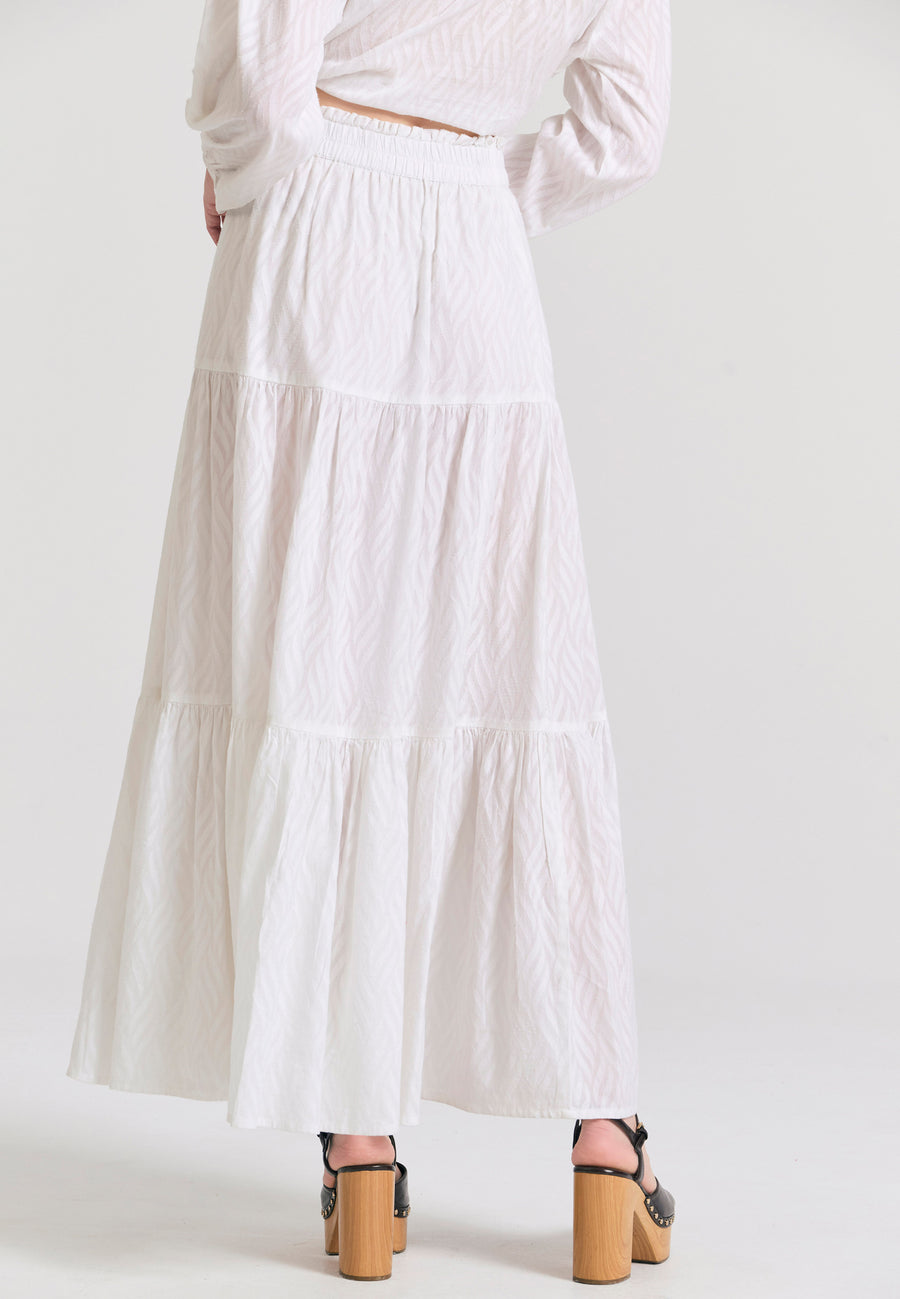 Fustă lejeră cu volane din material jacquard - Alb
