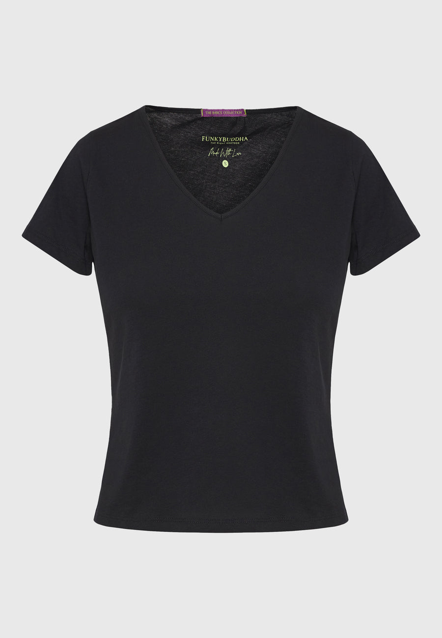 Tricou din bumbac cu decolteu în V pentru femei - Negru