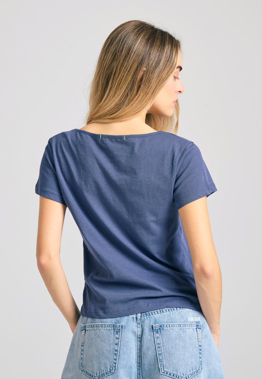 Tricou de damă din bumbac cu decolteu în V - Indigo