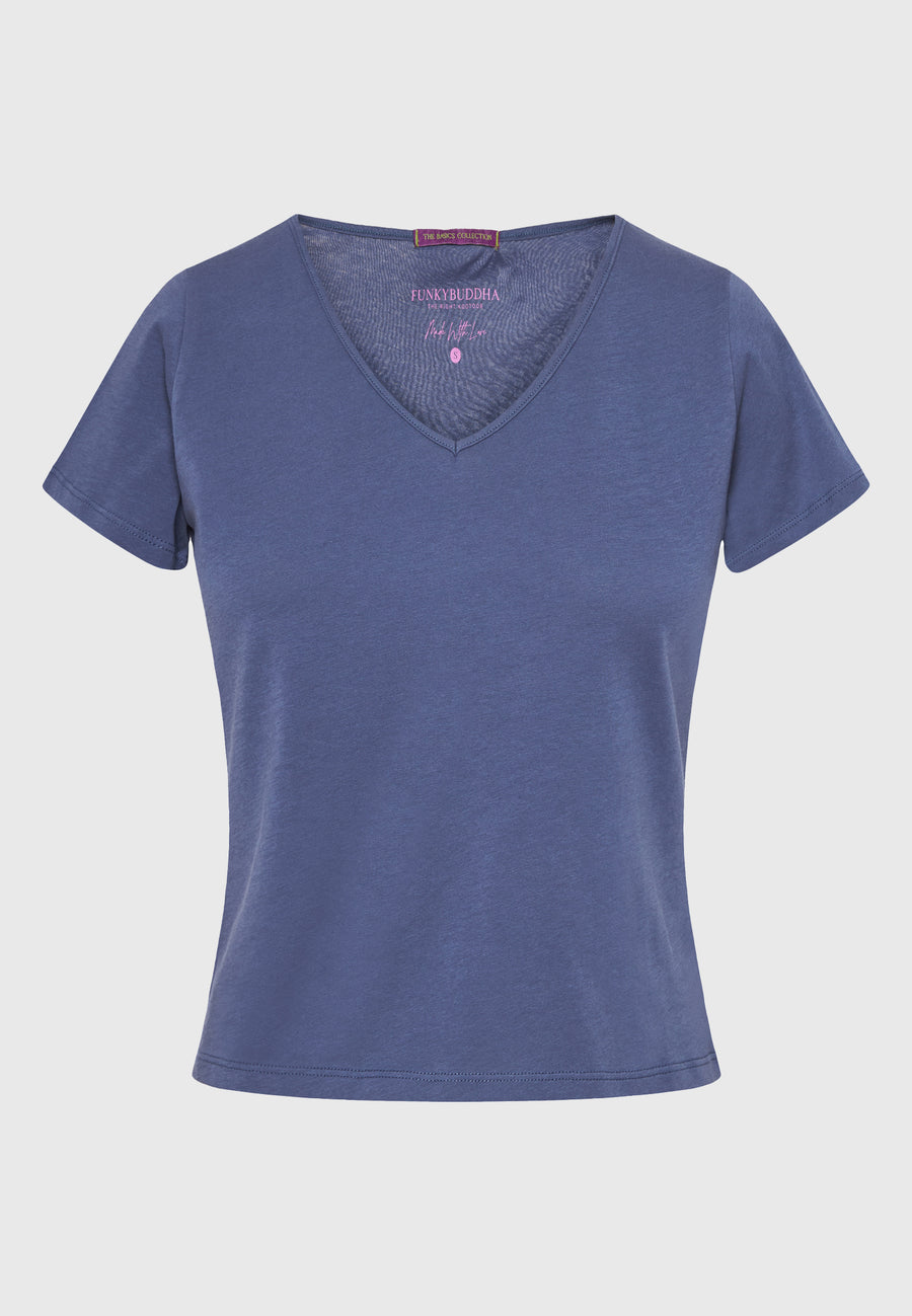 Tricou de damă din bumbac cu decolteu în V - Indigo