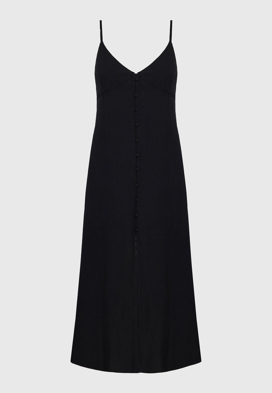 Linen blend midi dress with open back - Black