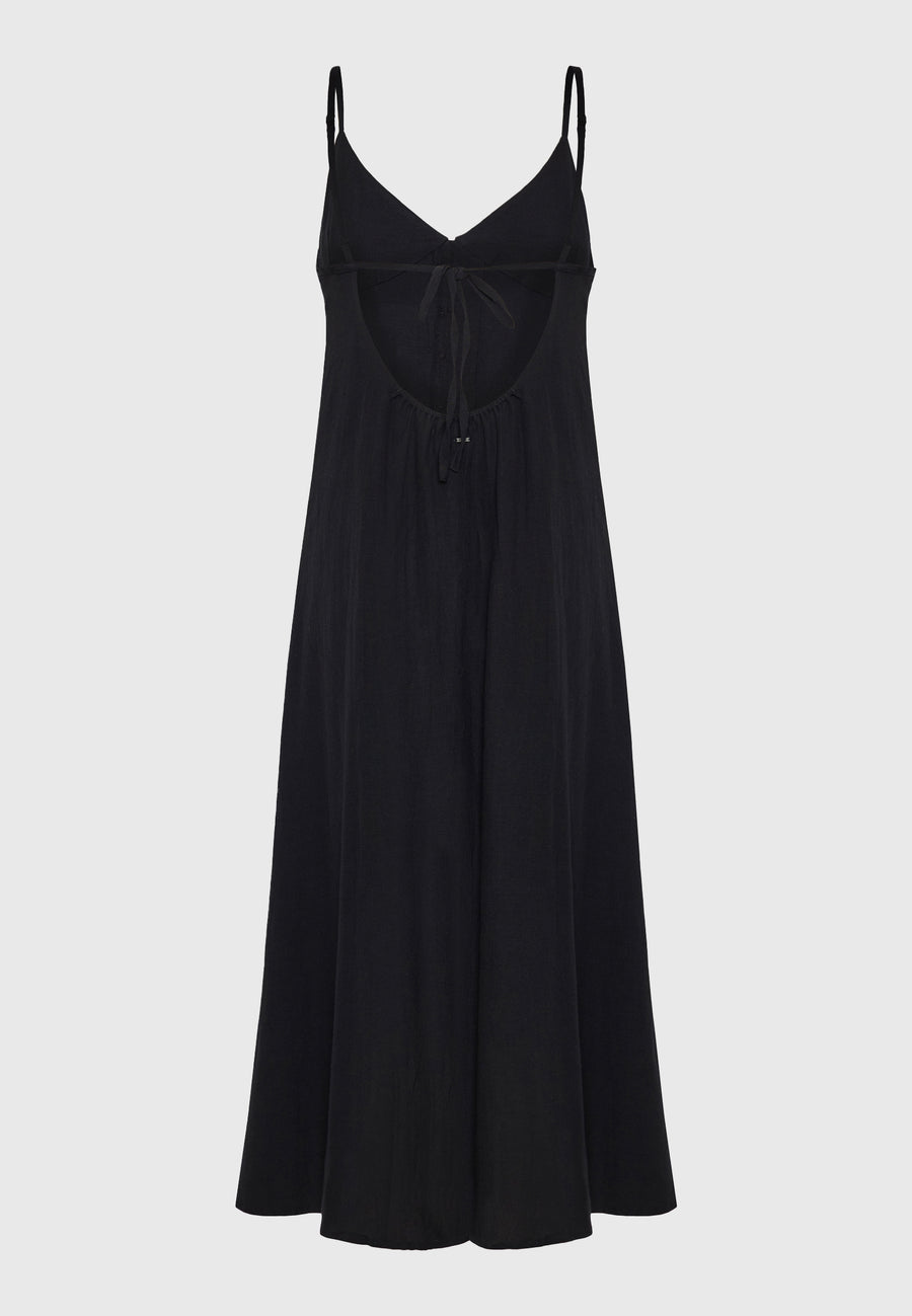 Linen blend midi dress with open back - Black