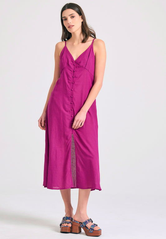 Linen blend midi dress with open back - Grape