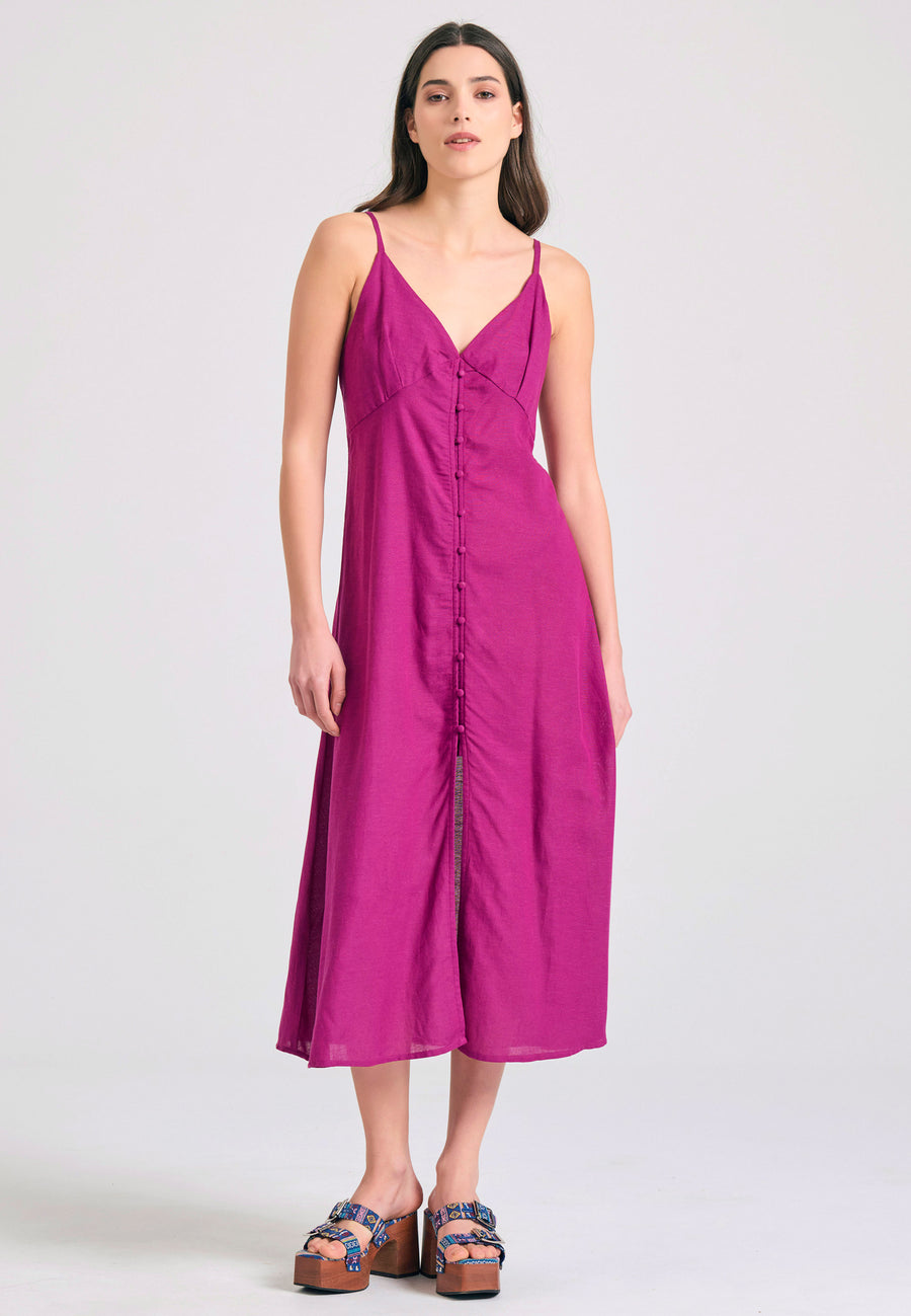 Linen blend midi dress with open back - Grape