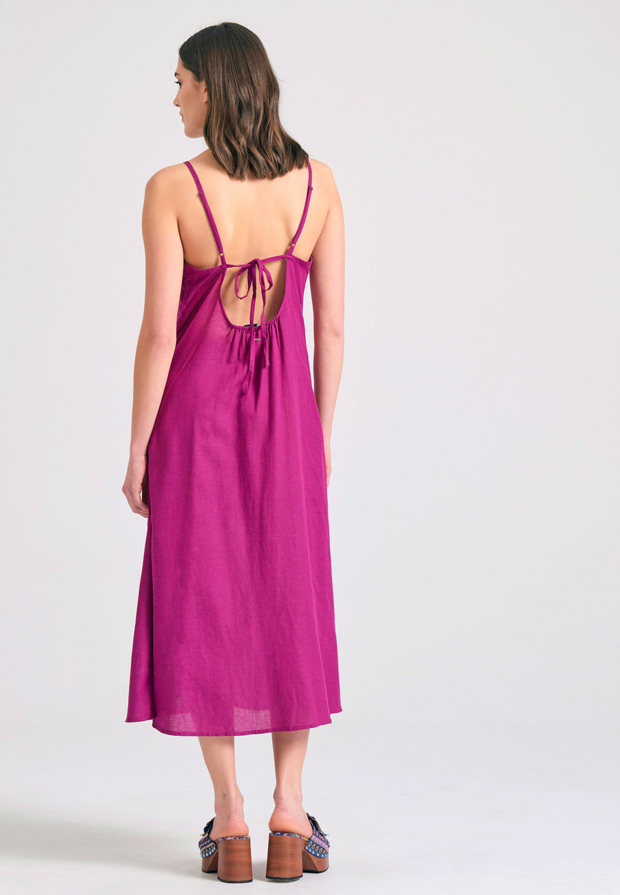 Linen blend midi dress with open back - Grape