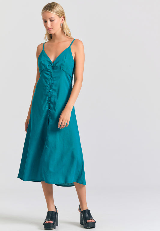 Linen blend midi dress with open back - Peacock