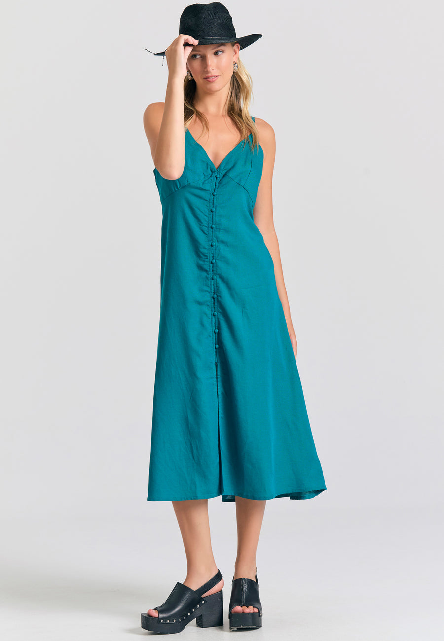 Linen blend midi dress with open back - Peacock
