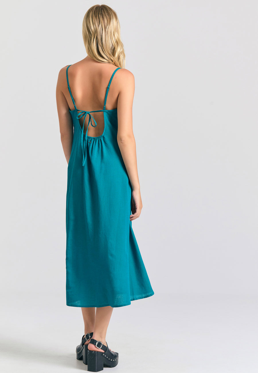Linen blend midi dress with open back - Peacock