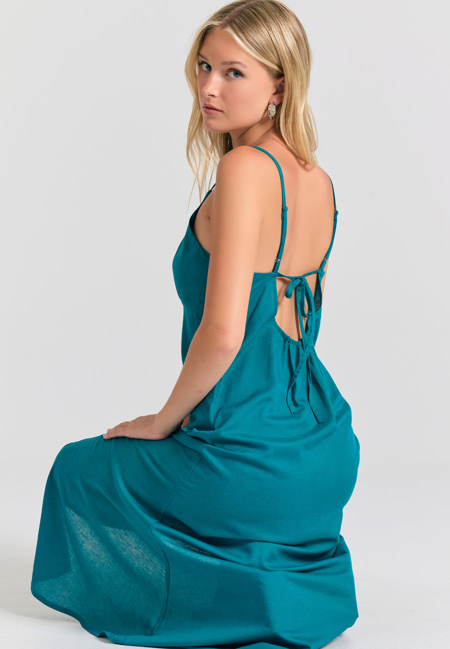 Linen blend midi dress with open back - Peacock