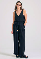 Loose fit artificial silk trousers - Black