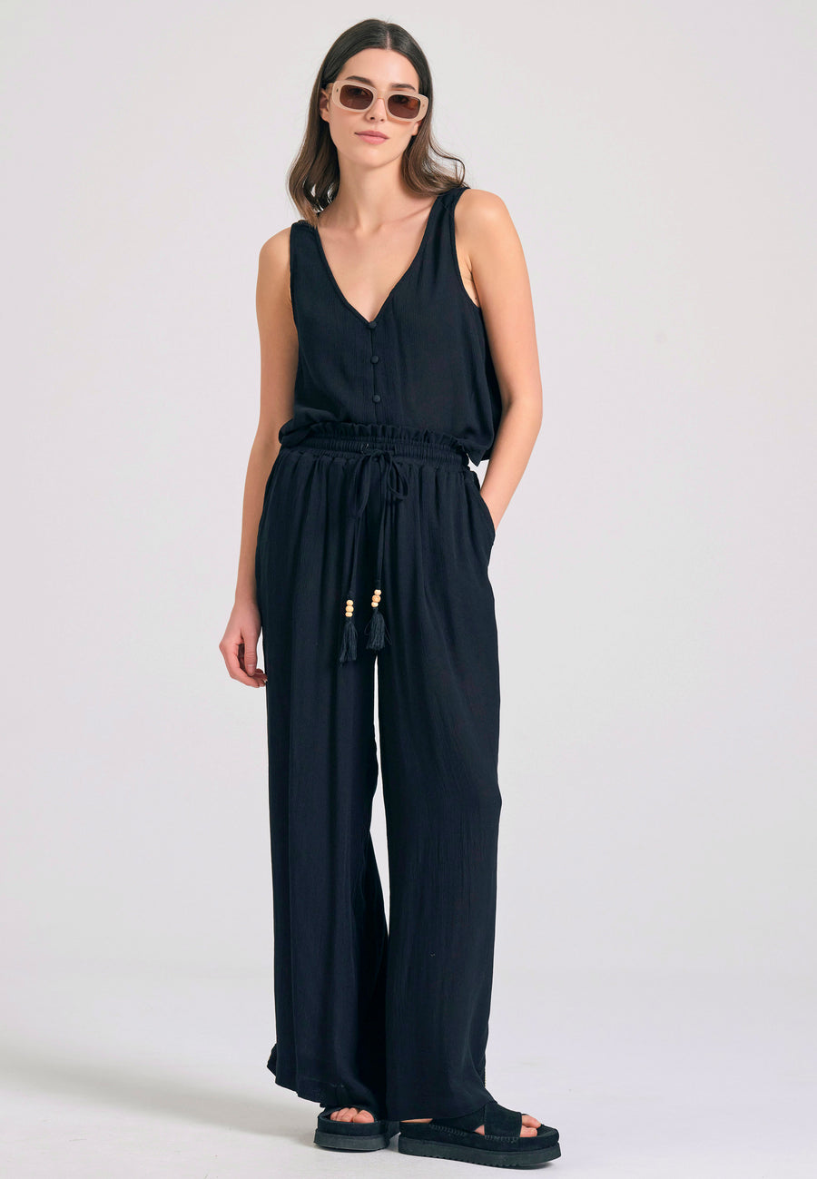 Loose fit artificial silk trousers - Black