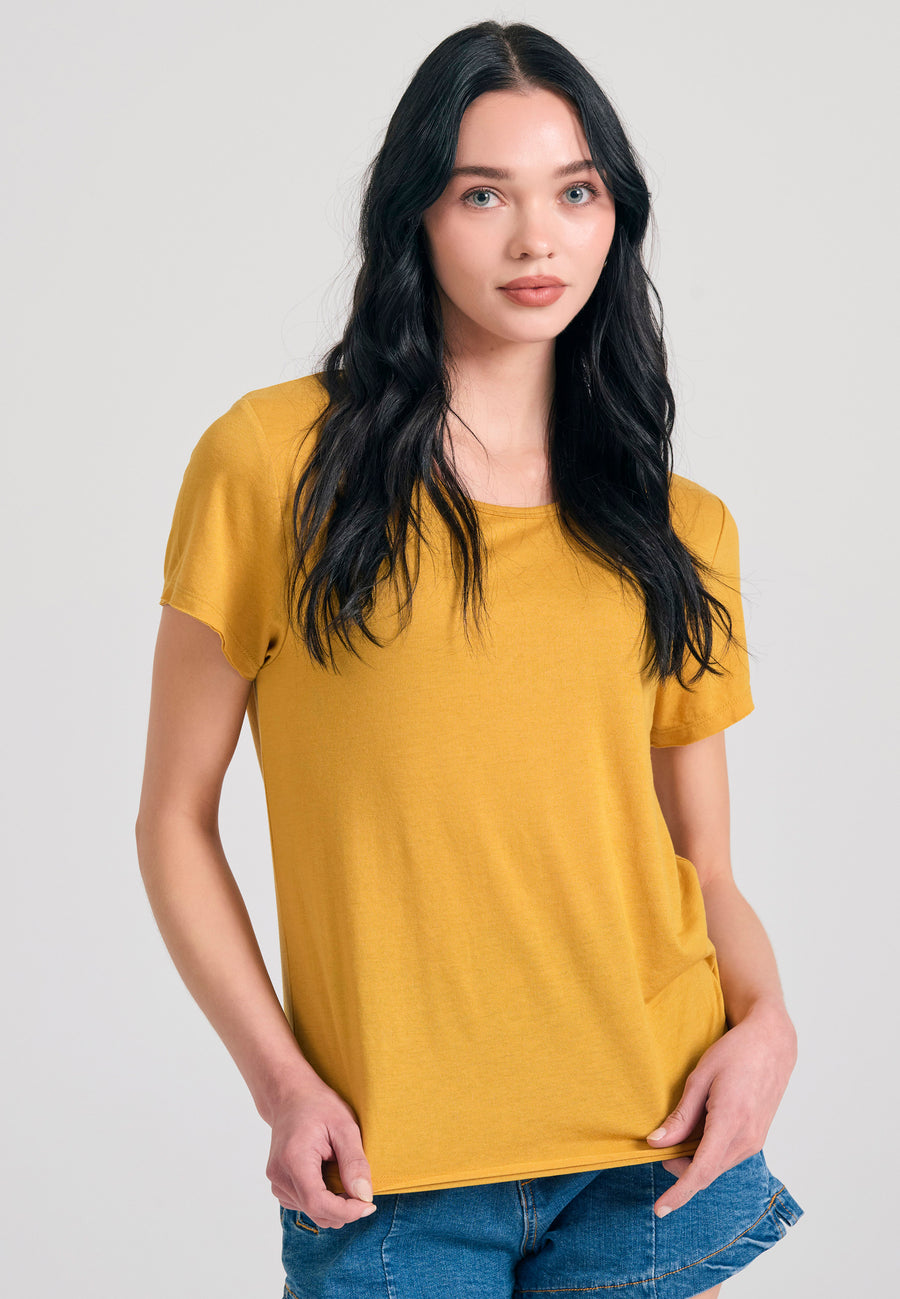 Tricou simplu din viscoză pentru femei - Muștar