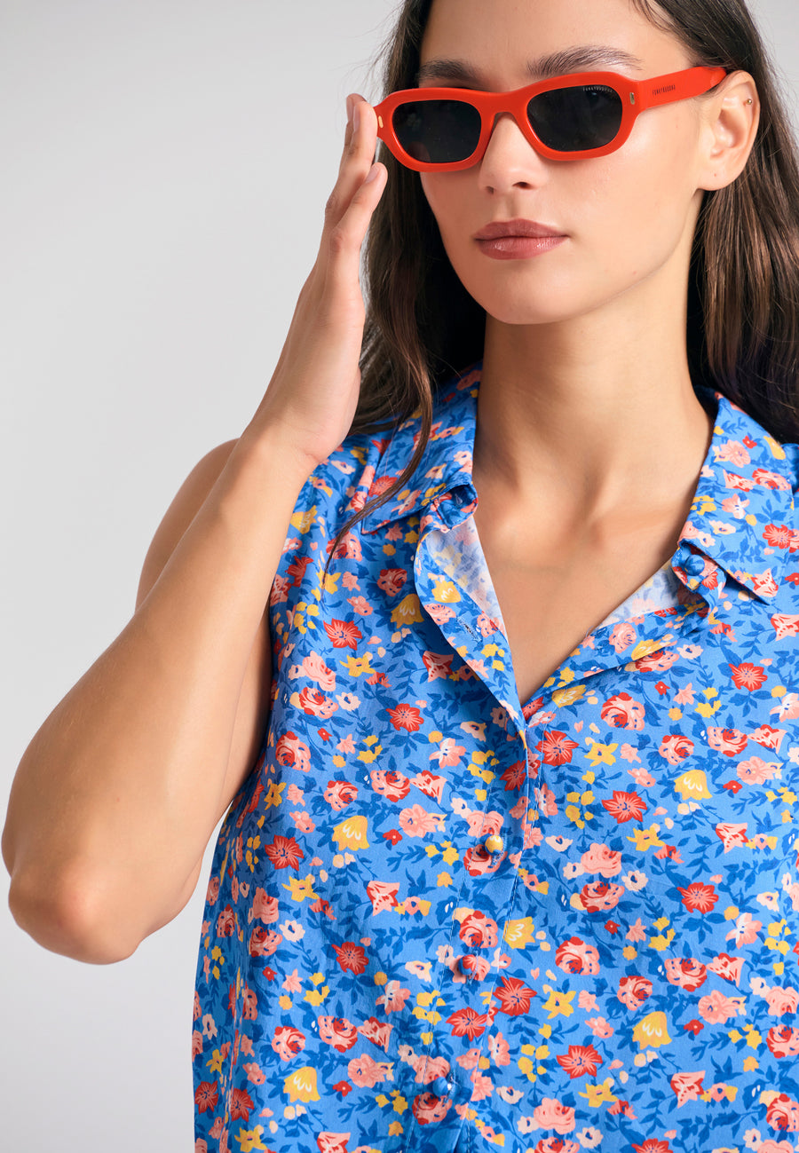 Cămașă fără mâneci pentru femei cu imprimeu floral - Indigo electric
