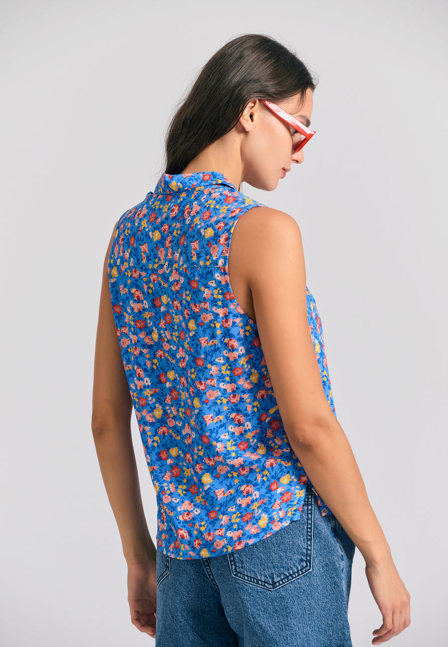 Cămașă fără mâneci pentru femei cu imprimeu floral - Indigo electric