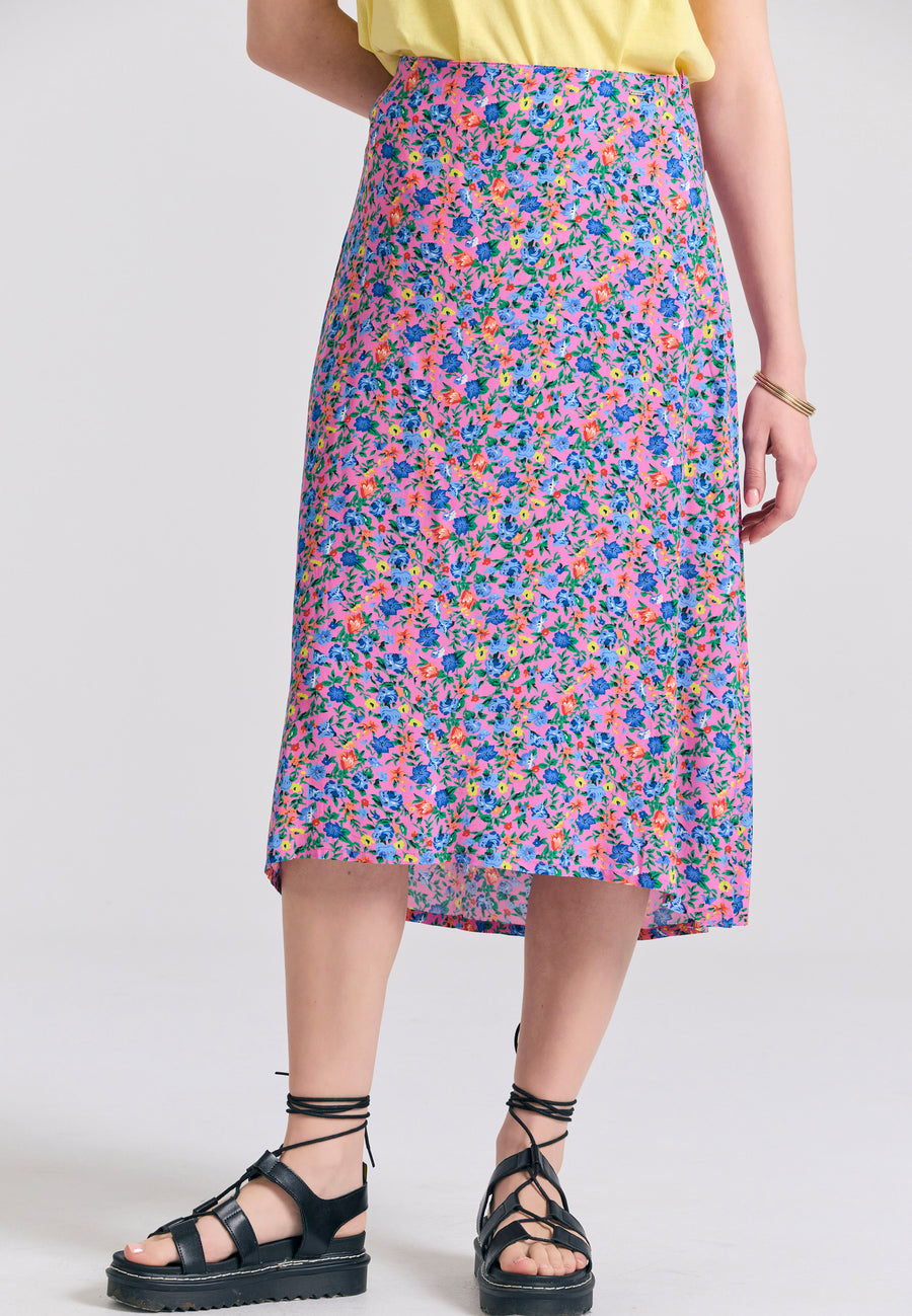 Fustă midi din viscoză cu imprimeu floral - Bubblegum