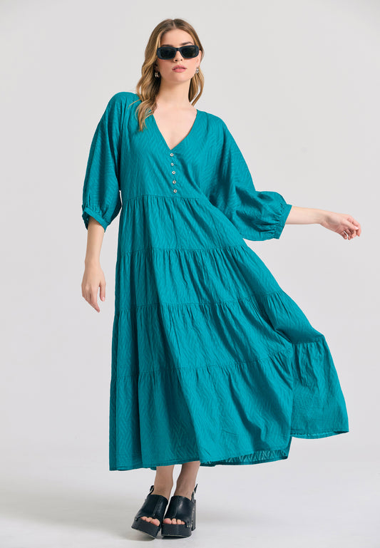 Rochie semi-cămașă lejeră cu volane din material jacquard - Peacock