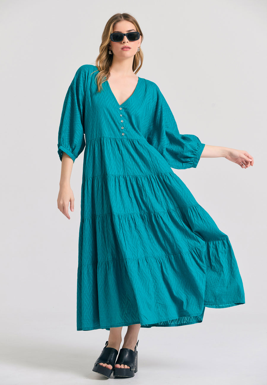 Rochie semi-cămașă lejeră cu volane din material jacquard - Peacock