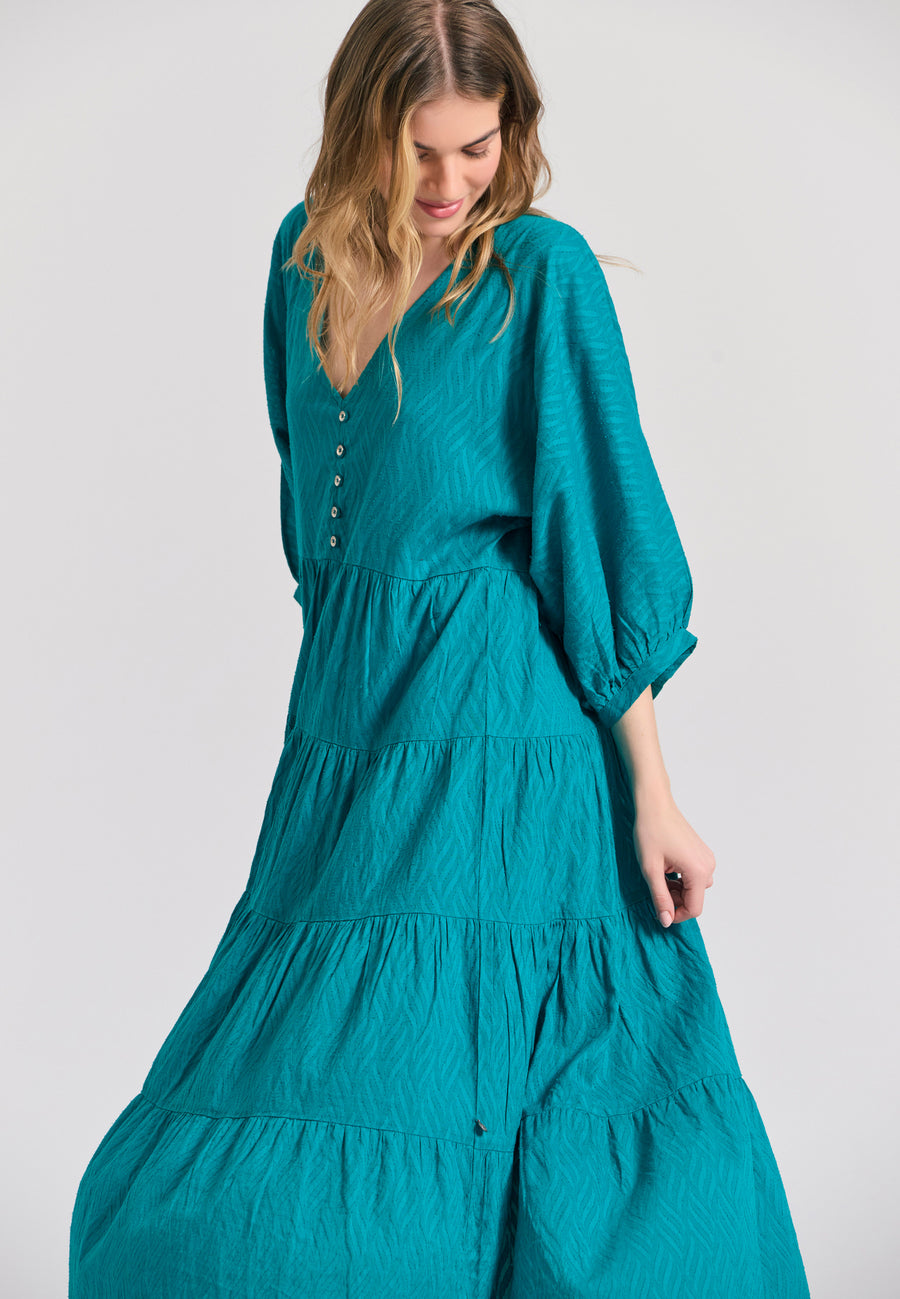 Rochie semi-cămașă lejeră cu volane din material jacquard - Peacock
