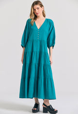 Rochie semi-cămașă lejeră cu volane din material jacquard - Peacock