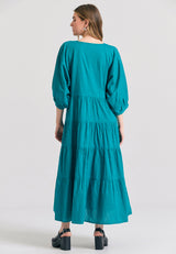 Rochie semi-cămașă lejeră cu volane din material jacquard - Peacock
